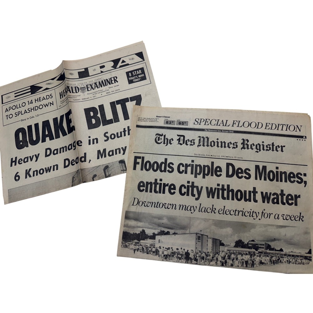 Vintage Newspapers 1993 Des Moines Register Flood 1971 LA Herald Quake Apollo 14